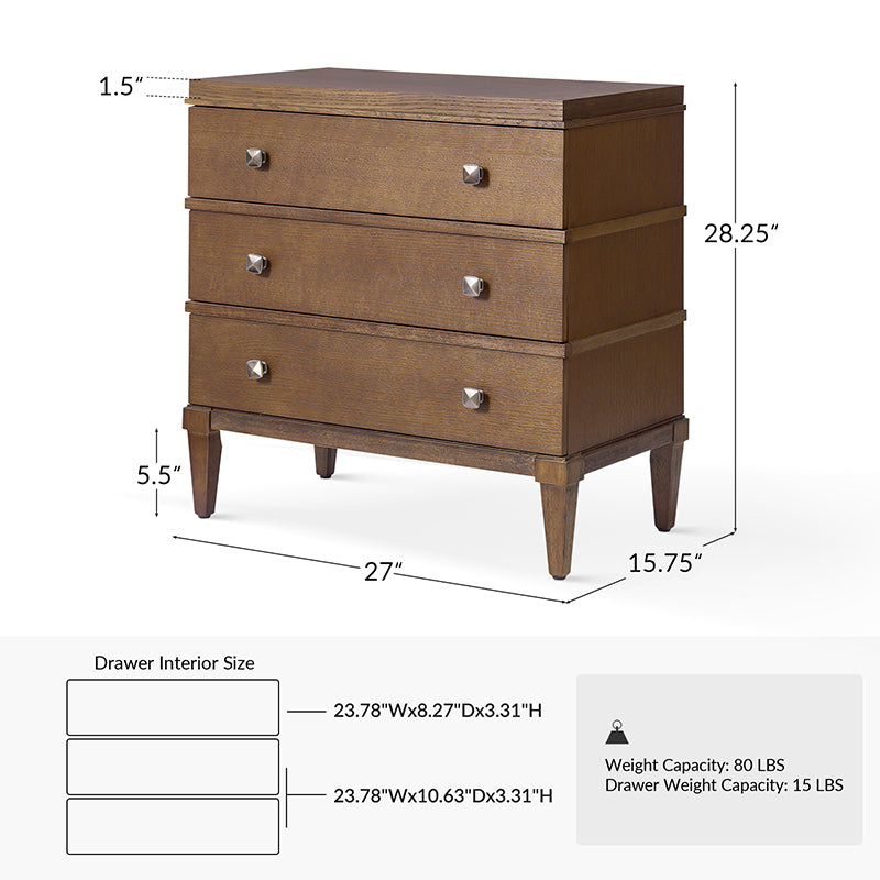 Lorenz Transitional 3-Drawer Nightstand with Charging Station