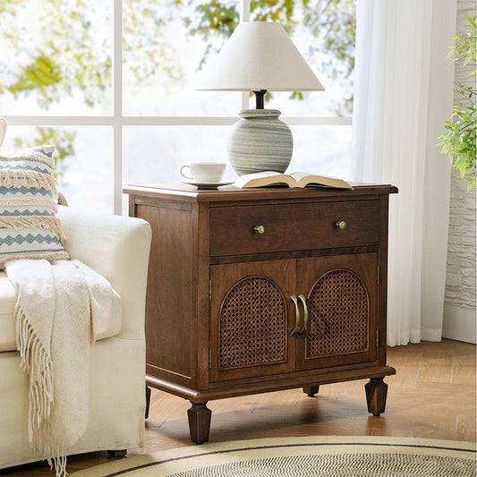 Camilo 27" Tall Arched Faux Rattan End Table With Built-In Outlets
