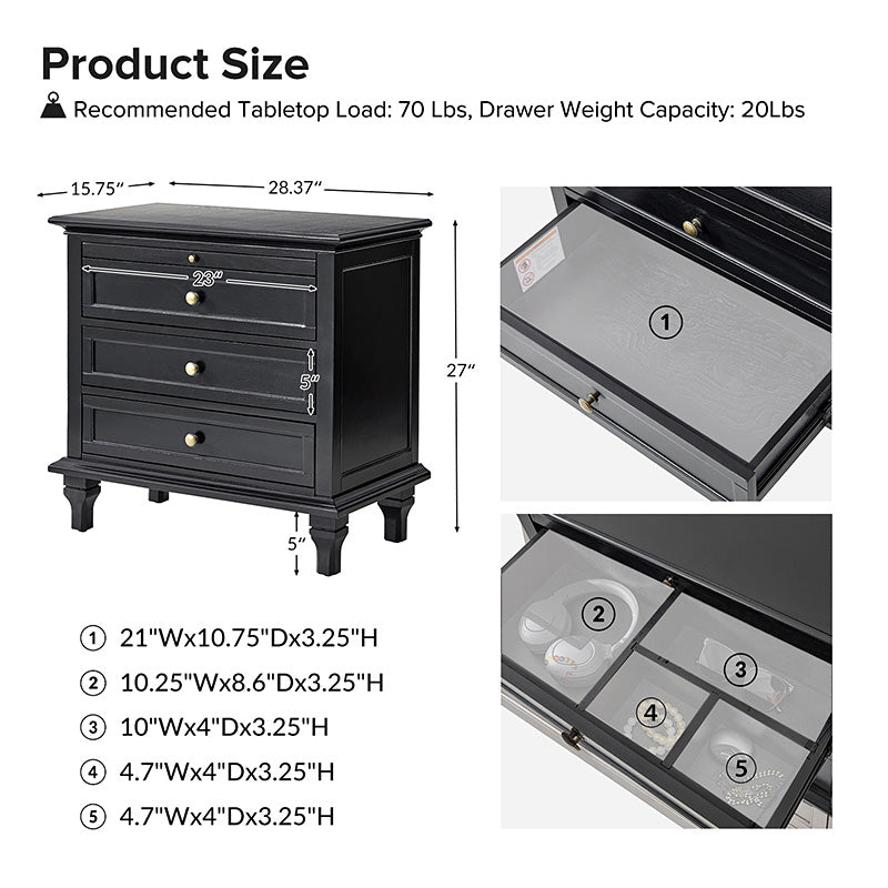 Galatea 3 - Drawer Nightstand Chest with Built-In Outlets