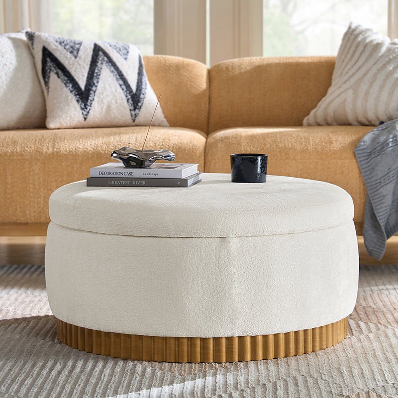 Eon Round Storage Ottoman with Reversible Tray – Soft Upholstered Accent Footstool