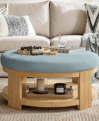 Celestia Modern Linen Round Ottoman with Storage Shelf