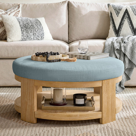 Celestia Modern Linen Round Ottoman with Storage Shelf
