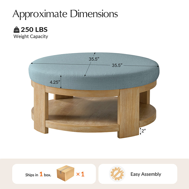 Celestia Modern Linen Round Ottoman with Storage Shelf