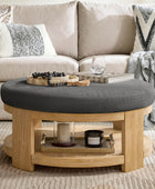 Celestia Modern Linen Round Ottoman with Storage Shelf