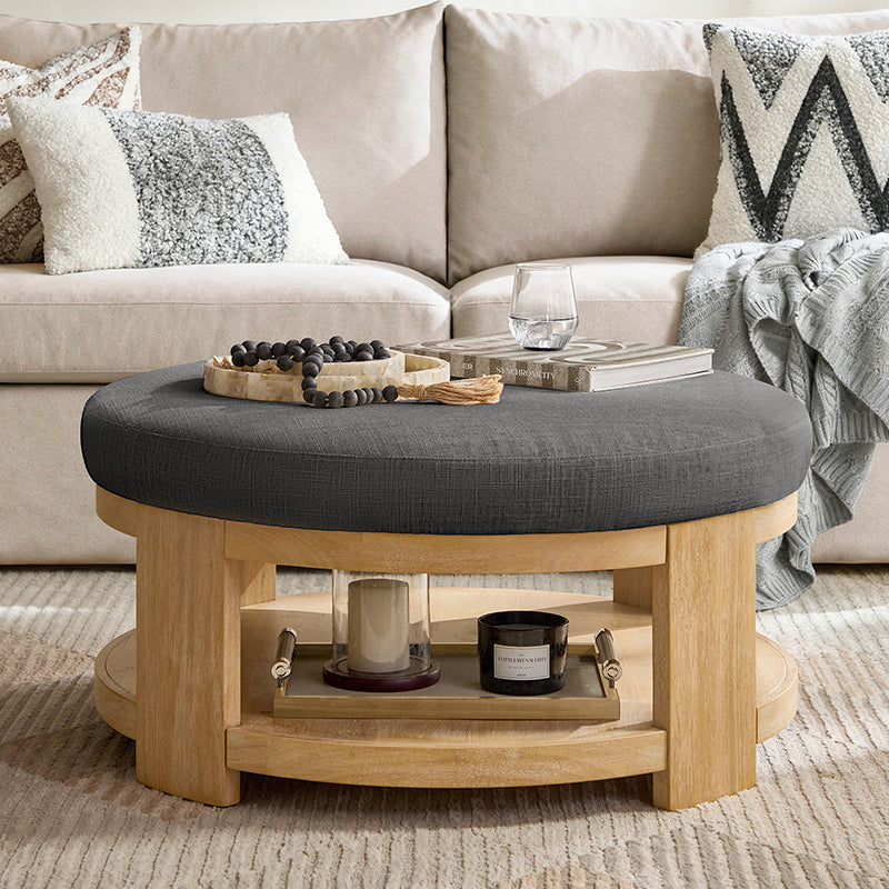 Celestia Modern Linen Round Ottoman with Storage Shelf