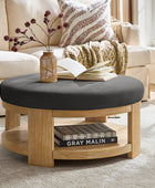 Celestia Modern Linen Round Ottoman with Storage Shelf