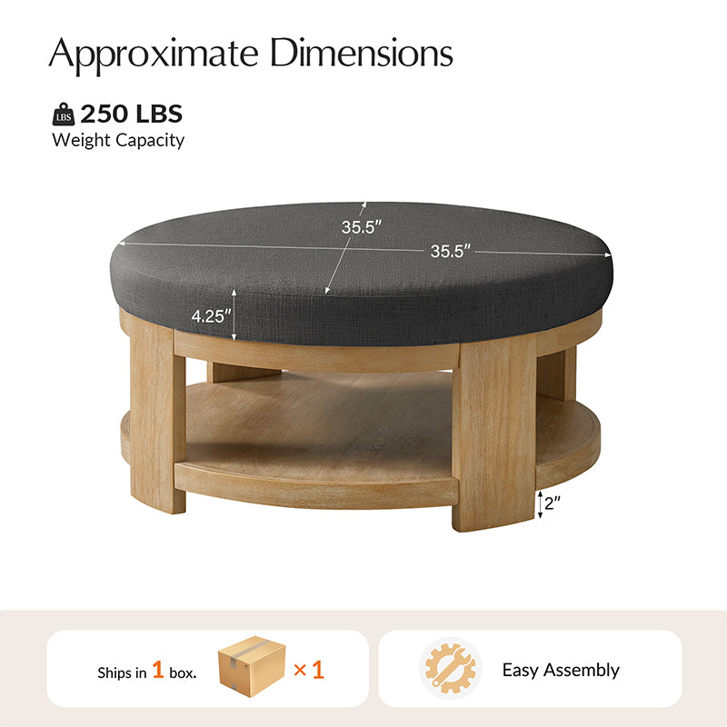 Celestia Modern Linen Round Ottoman with Storage Shelf