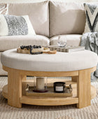 Celestia Modern Linen Round Ottoman with Storage Shelf