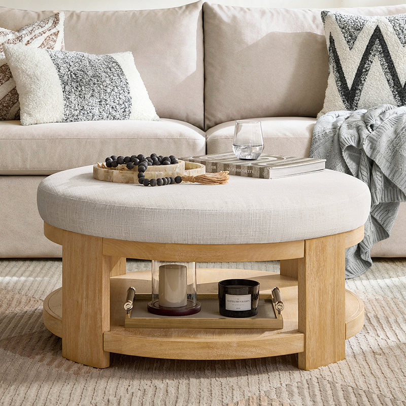 Celestia Modern Linen Round Ottoman with Storage Shelf