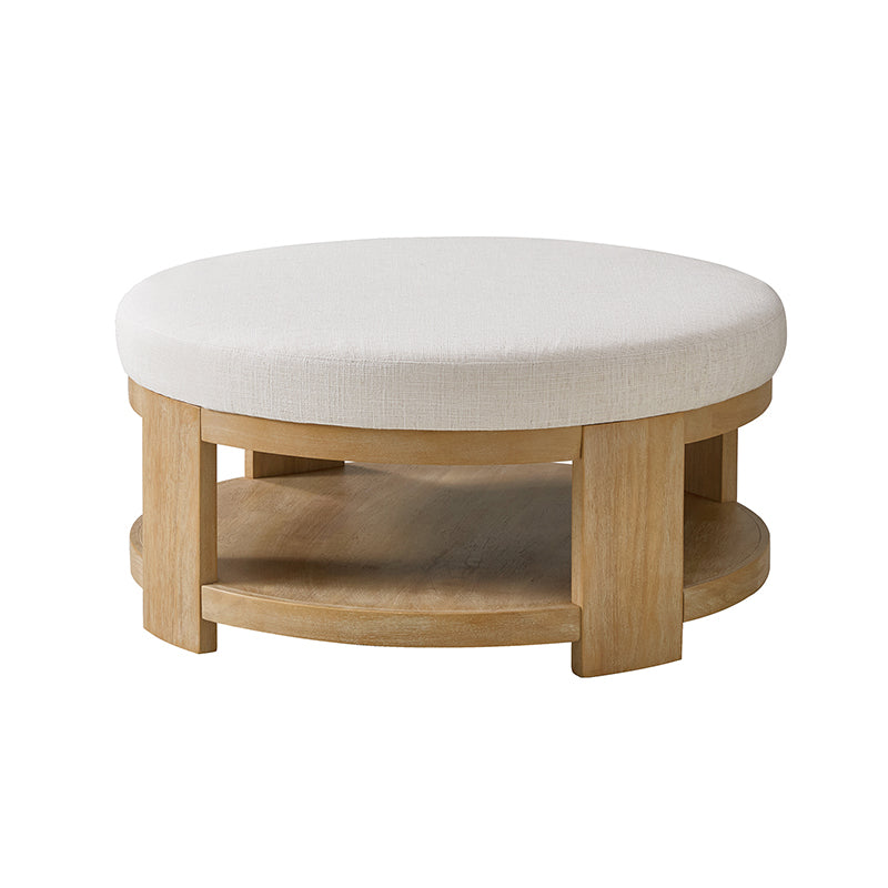 Celestia Modern Linen Round Ottoman with Storage Shelf