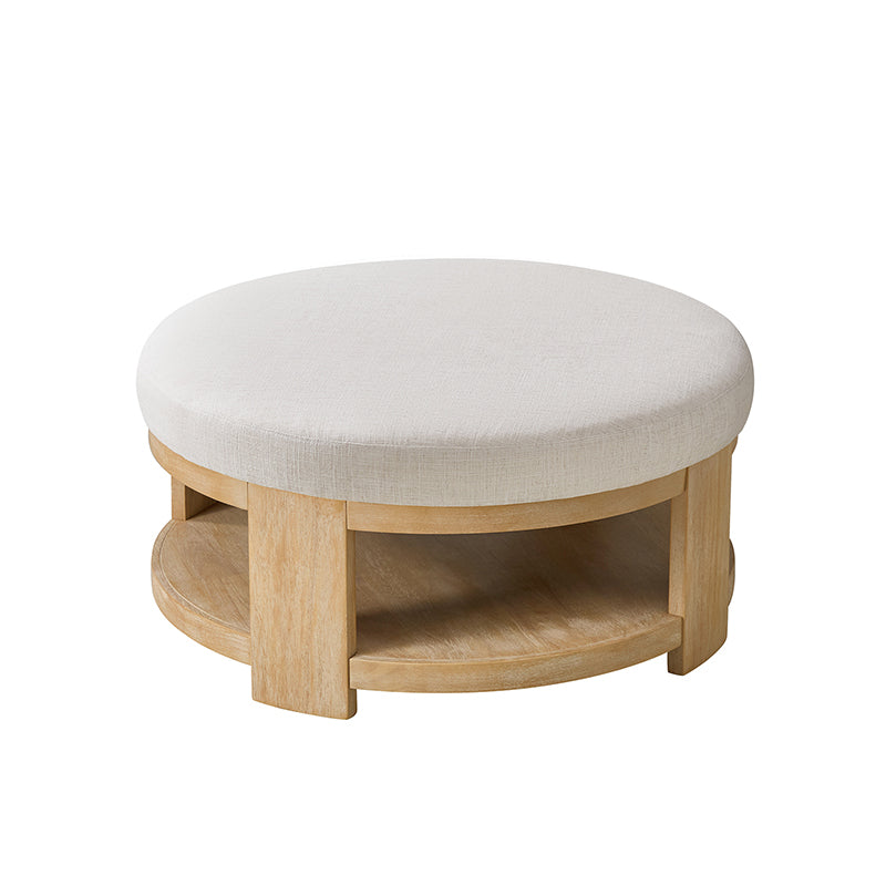 Celestia Modern Linen Round Ottoman with Storage Shelf