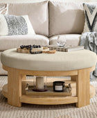 Celestia Modern Linen Round Ottoman with Storage Shelf