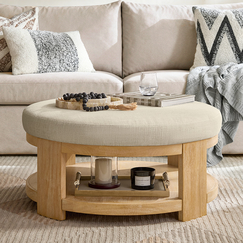 Celestia Modern Linen Round Ottoman with Storage Shelf