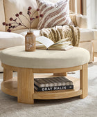 Celestia Modern Linen Round Ottoman with Storage Shelf