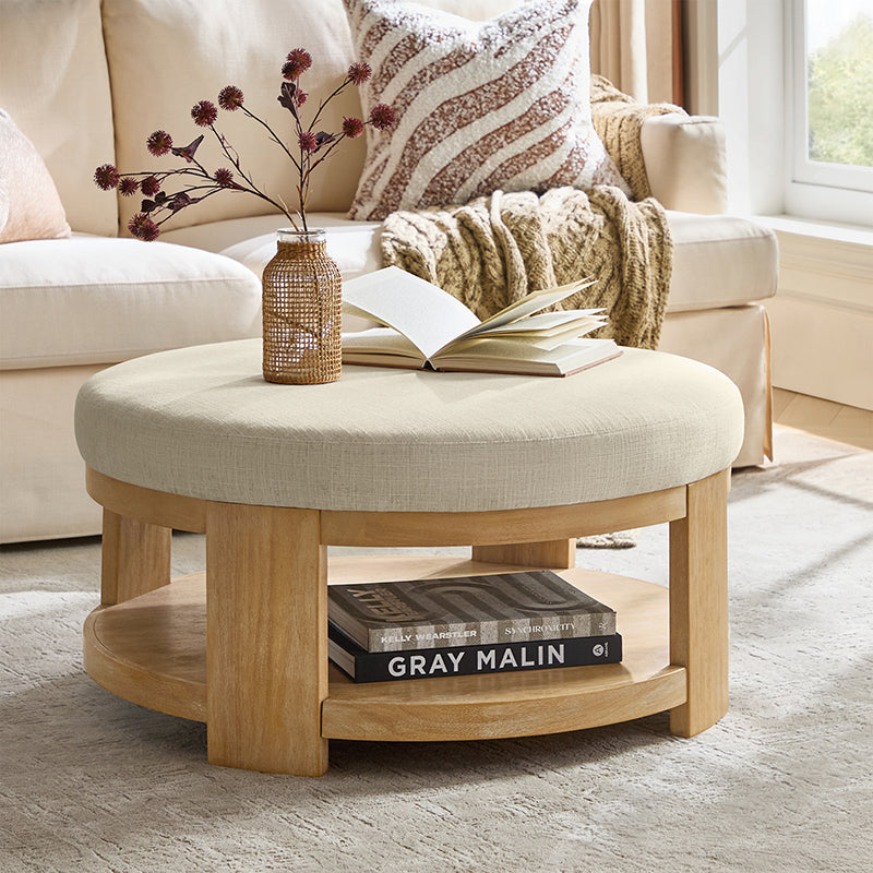 Celestia Modern Linen Round Ottoman with Storage Shelf