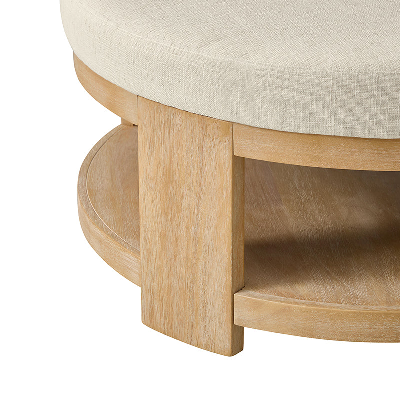 Celestia Modern Linen Round Ottoman with Storage Shelf