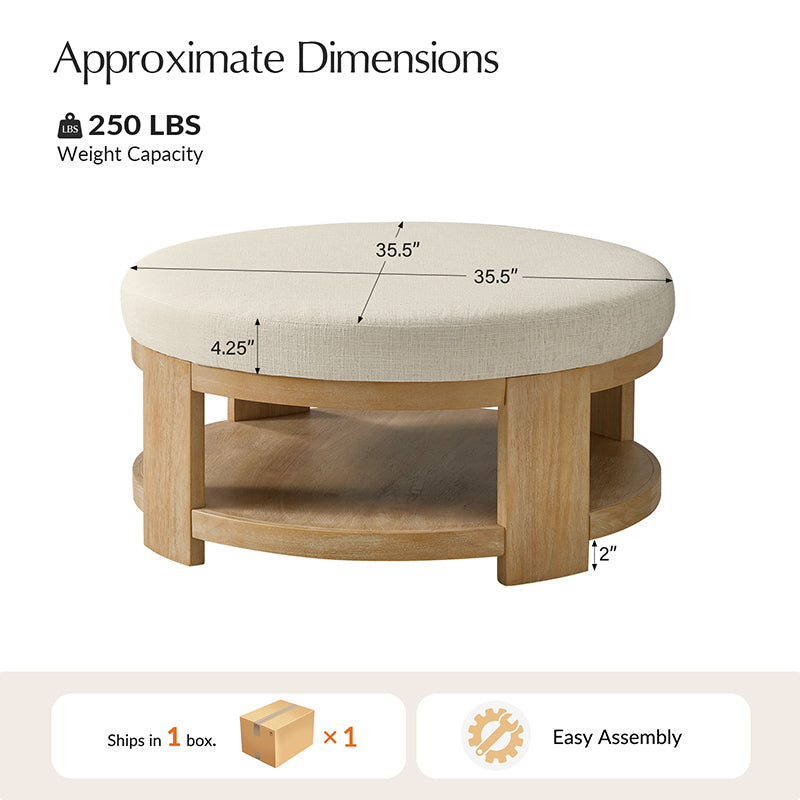 Celestia Modern Linen Round Ottoman with Storage Shelf