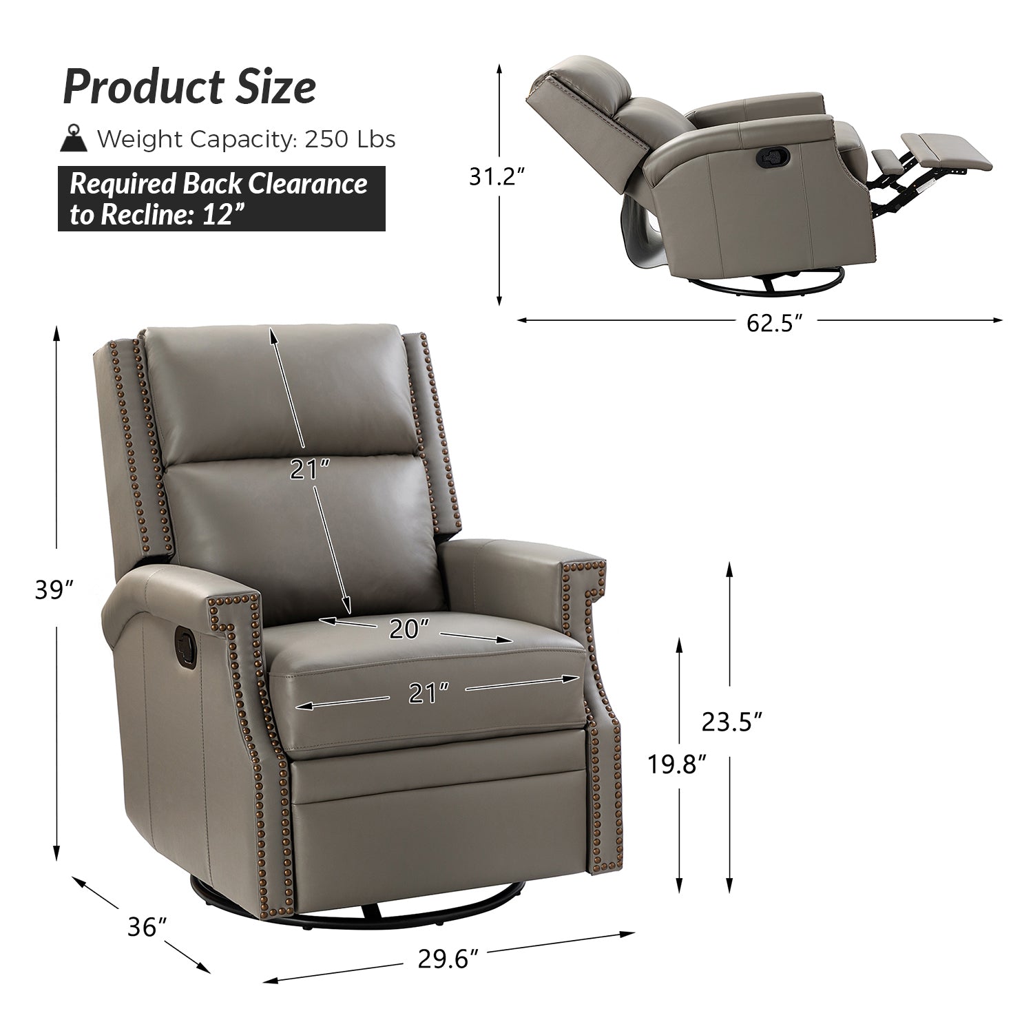 Canace Modern Genuine Leather Manual Glider Recliner