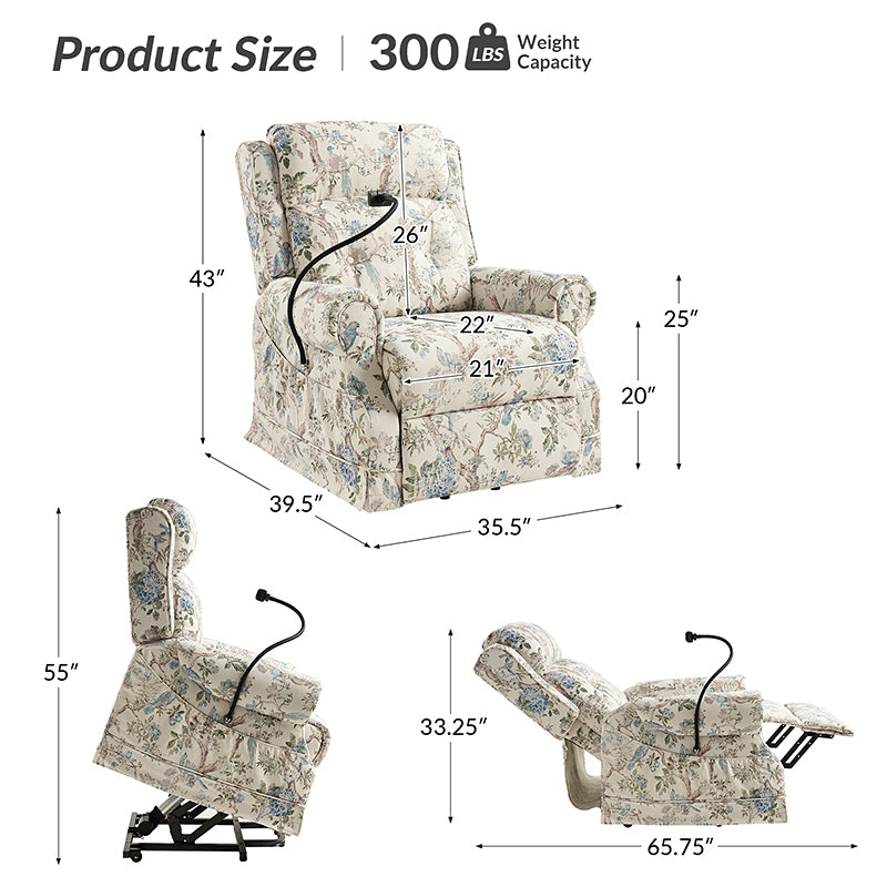 Hulala Home Harold Lift Assist Power Recliner with Massage Heat and Manual Headrest Bird