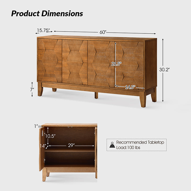 Kamu 60″ Wood Sideboard – Mid-Century Modern Storage Cabinet