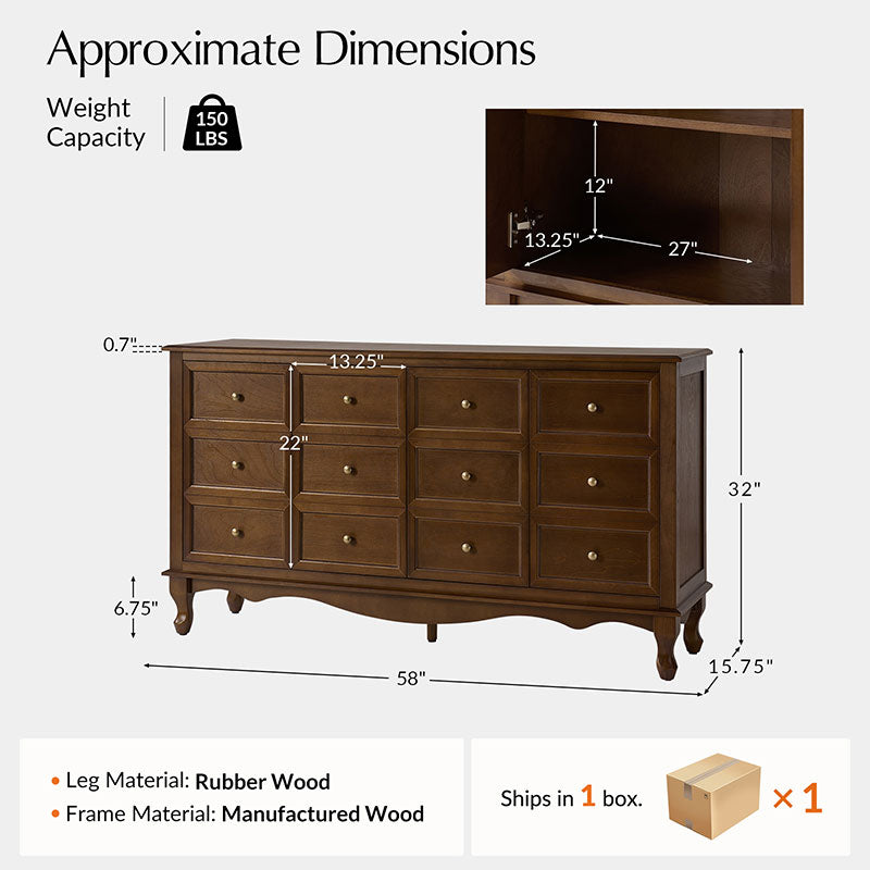 Antique-Inspired 4-Door Sideboard Cabinet - Decorative Drawer Illusion