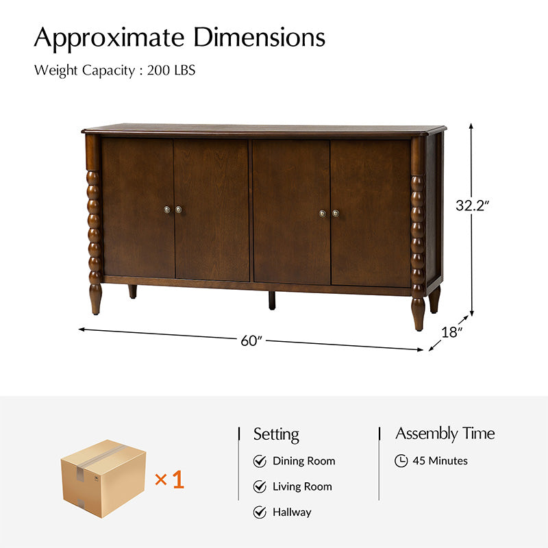 Daan 63" Wide 4-Door Sideboard Cabinet with Adjustable Shelves