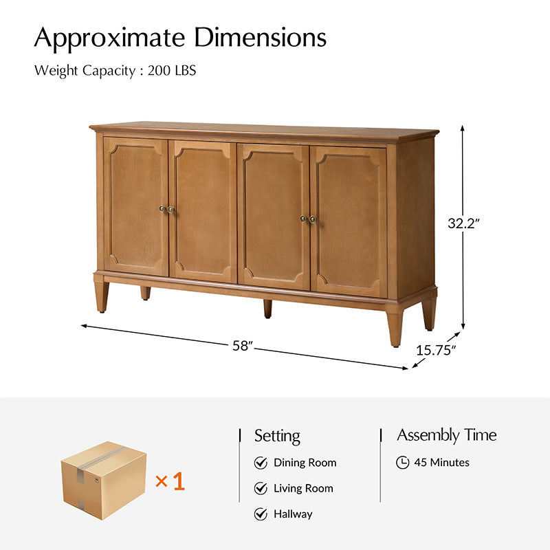 Jane Wood Veneer Sideboard with Adjustable Shelves, Available in 2-Door or 4-Door Options