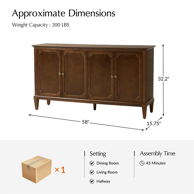 Jane Wood Veneer Sideboard with Adjustable Shelves, Available in 2-Door or 4-Door Options