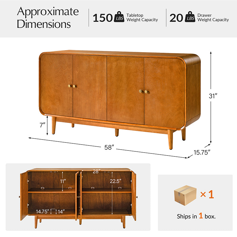 Alee 58 Inches Wide Mid-Century Modern 4-Door Sideboard With Adjustable Shelves