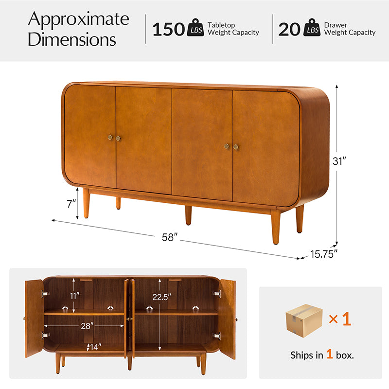 Alee 58 Inches Wide Mid-Century Modern 4-Door Sideboard With Adjustable Shelves