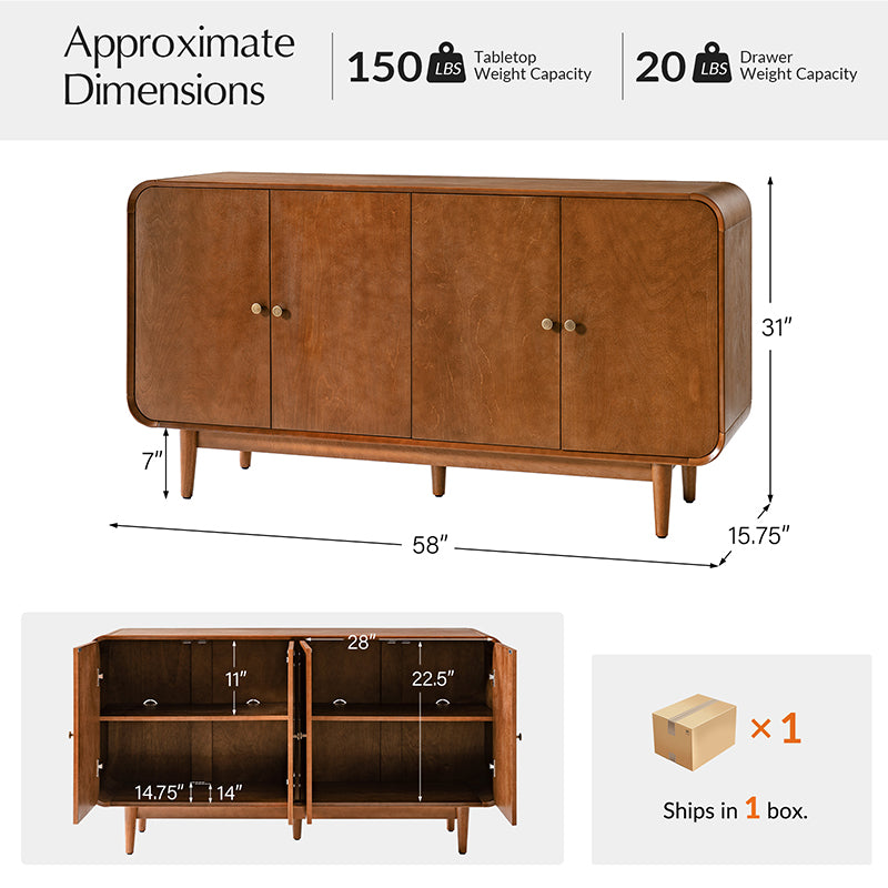 Alee 58 Inches Wide Mid-Century Modern 4-Door Sideboard With Adjustable Shelves
