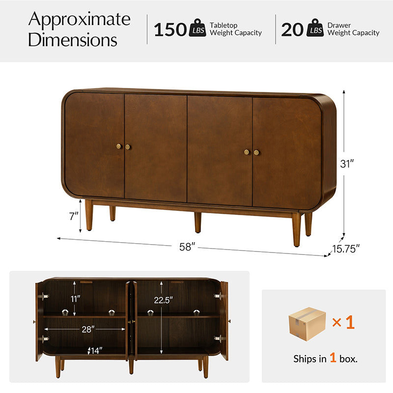 Alee 58 Inches Wide Mid-Century Modern 4-Door Sideboard With Adjustable Shelves