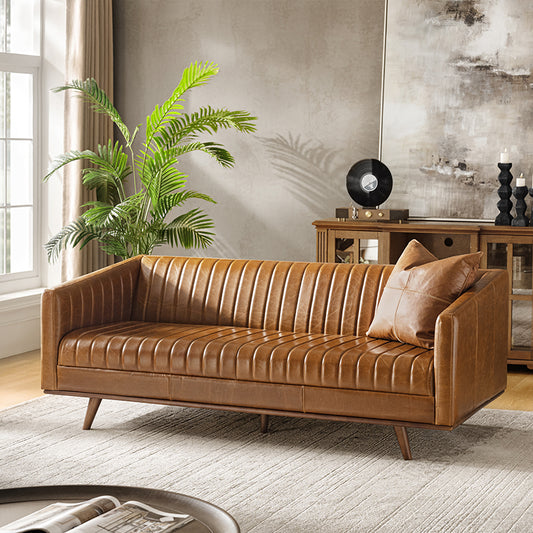 Gaia Mid-Century Genuine Leather Sofa with Vertical Channel Tufting