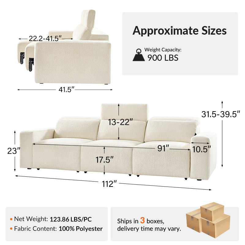 Moussea Modern Chenille Power Reclining Sofa with Sofa Bed Functionality