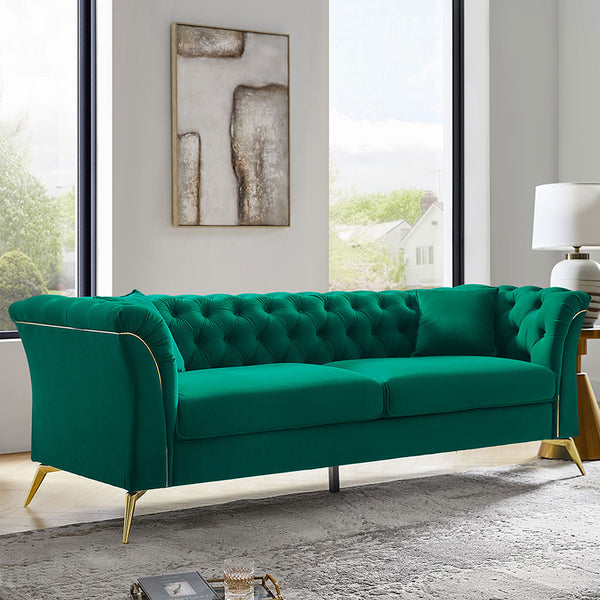 Modern Luxury Glam Velvet Sofa with Tufted Buttons & Gold Metal Accents