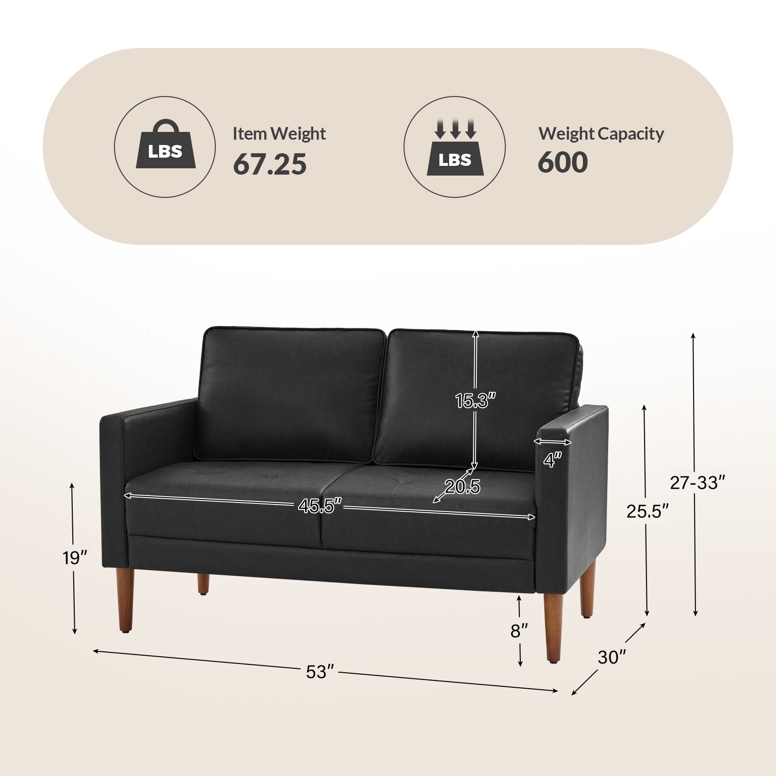 Eleutheria Mid-century Loveseat Sofa with Solid Wood Legs