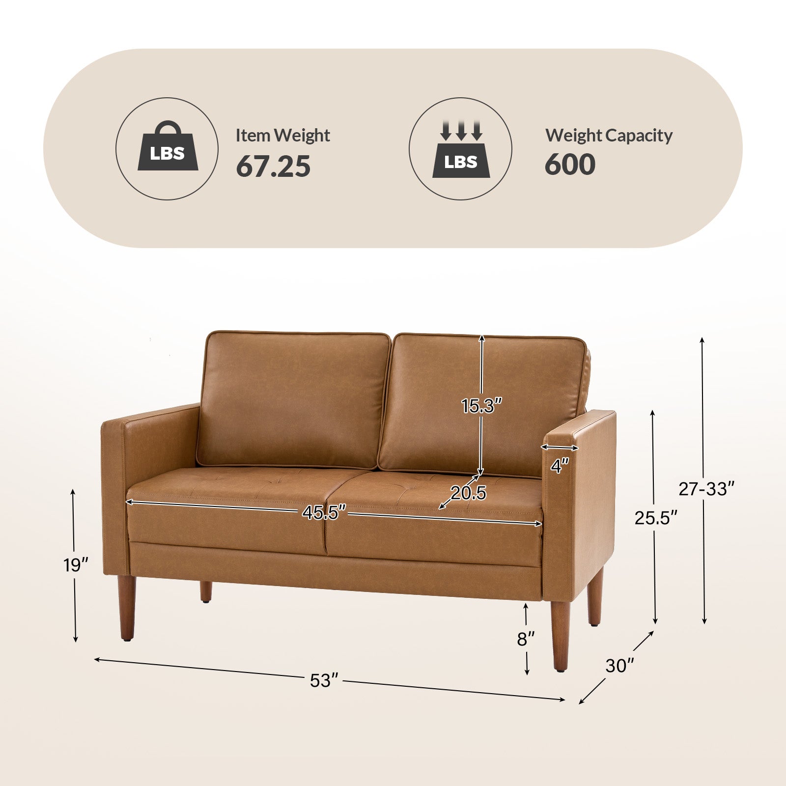 Eleutheria Mid-century Loveseat Sofa with Solid Wood Legs