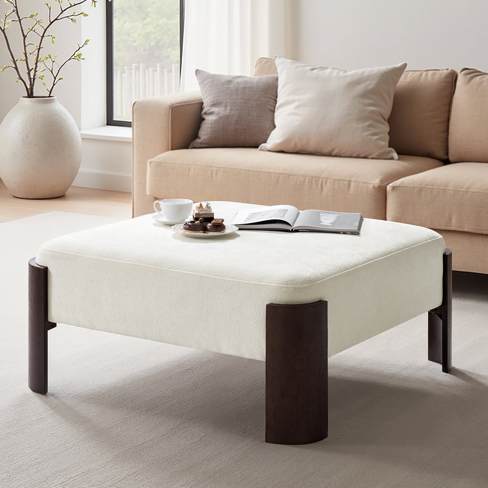 Savannah Chenille Round Ottoman Ivory Plush Footrest