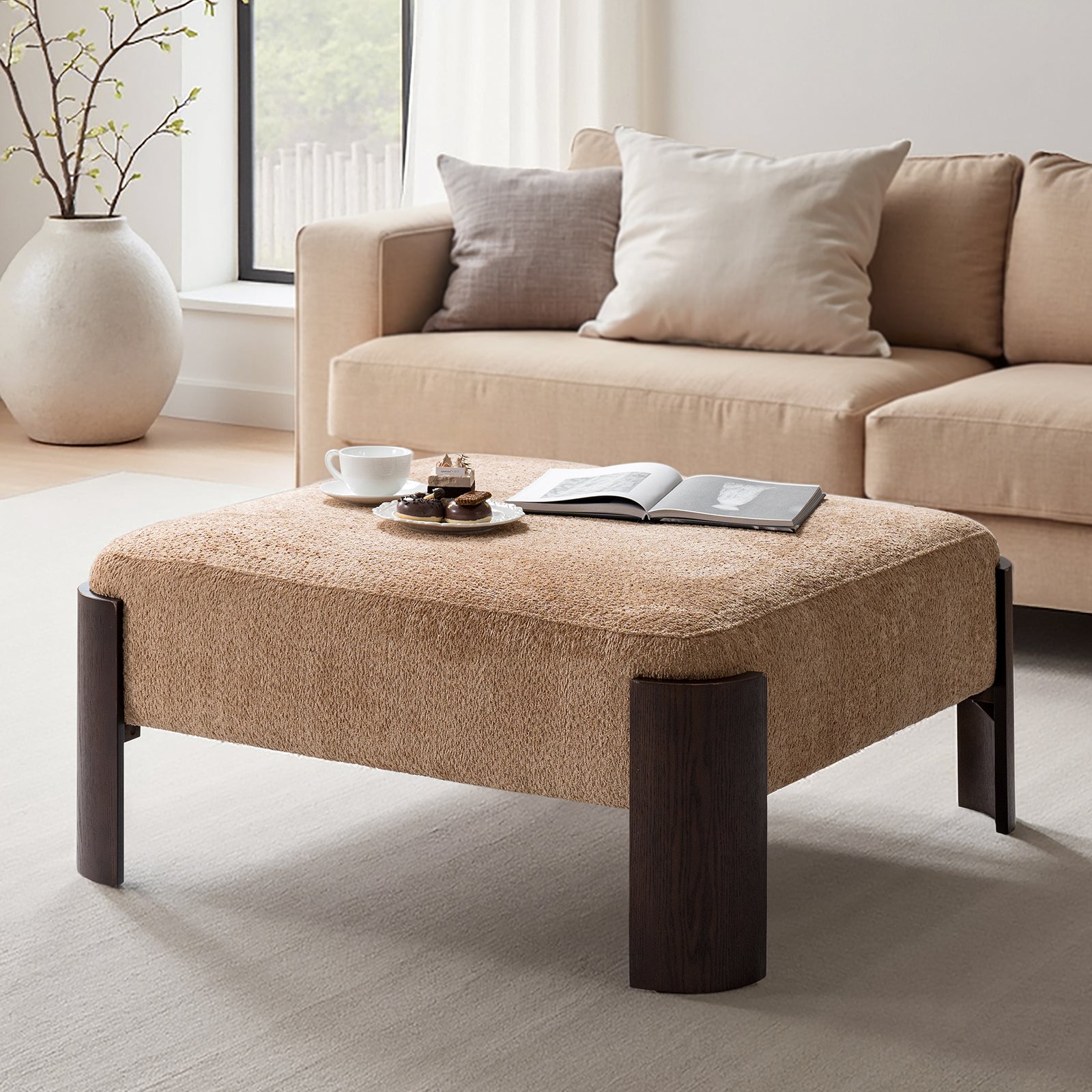 Savannah Chenille Round Ottoman Ivory Plush Footrest