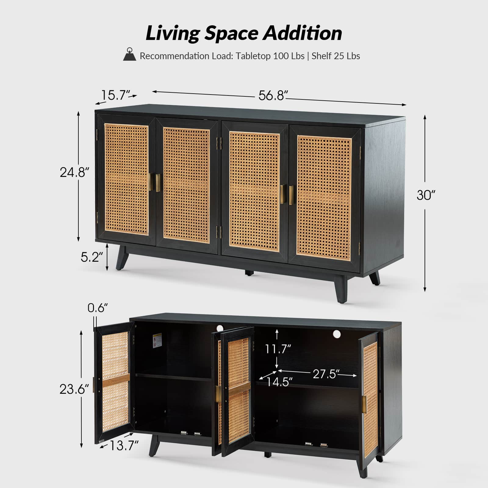 Hulala Home Butes 65 inch TV Stand Console Table with Storage Black
