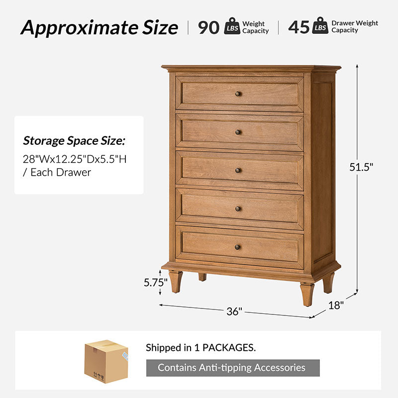 Traditional 5-Drawer Chest Dresser with Solid Wood Frame