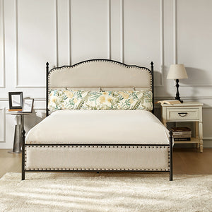 Upholstered Platform Metal Bed with Long Cushions