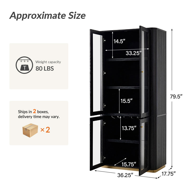 Estrella Modern Gold Frame Glass Display Cabinet with Wine Glass Rack-Bookcase and Bar Storage