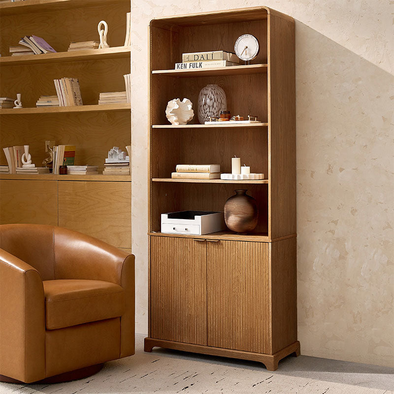 Silvia Modern Wood Veneer Bookcase with LED Lighting & Gold Accents