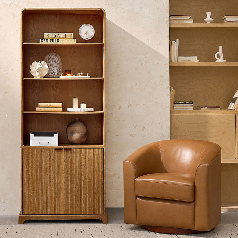 Silvia Modern Wood Veneer Bookcase with LED Lighting & Gold Accents