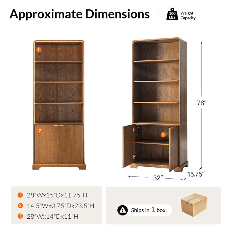 Silvia Modern Wood Veneer Bookcase with LED Lighting & Gold Accents