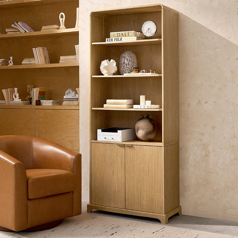 Silvia Modern Wood Veneer Bookcase with LED Lighting & Gold Accents