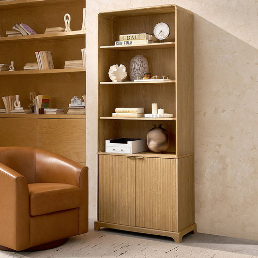 Silvia Modern Wood Veneer Bookcase with LED Lighting & Gold Accents