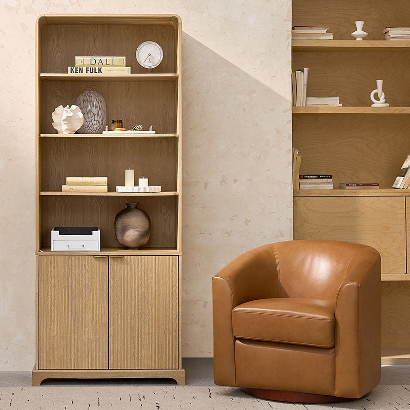 Silvia Modern Wood Veneer Bookcase with LED Lighting & Gold Accents