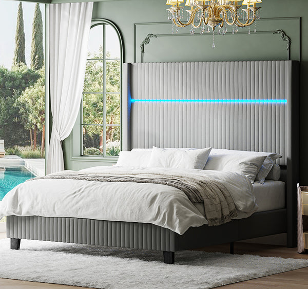 Diana 57'' H Velvet Bed with Built-In LED Tube Lighting